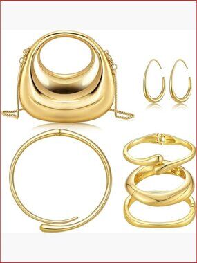 6 Piece Gold Evening Bag & Jewelry Set Acrylic Clutch Purse Bracelet Necklace